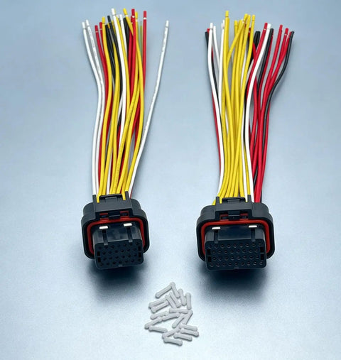 Heavy Duty 26 Plus 34 Pin Ecu Connector Harness Kit With Pre Wired Pdm Wiring Looms, showing two connectors with colored wires.