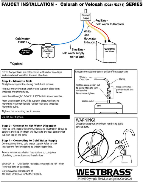 Installation diagram for Velosah 9 Inch One Handle Hot Water Dispenser Faucet With Gooseneck Spout Satin Nickel Finish Instant Hot Water On Demand For Kitchen Countertop Tank Not Included showing connection to hot water tank.