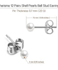 Imitation Pearl Stud Earrings Set For Women, 12 Pairs Of 4mm Round Ball Pearls, Hypoallergenic Surgical Stainless Steel, Lead And Nickel Free, Everyday Sparkle Go To Jewelry For Work Casual Gifting; 4mm pearl studs with 15mm posts