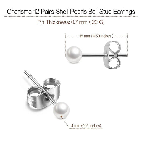 Imitation Pearl Stud Earrings Set For Women, 12 Pairs Of 4mm Round Ball Pearls, Hypoallergenic Surgical Stainless Steel, Lead And Nickel Free, Everyday Sparkle Go To Jewelry For Work Casual Gifting; 4mm pearl studs with 15mm posts