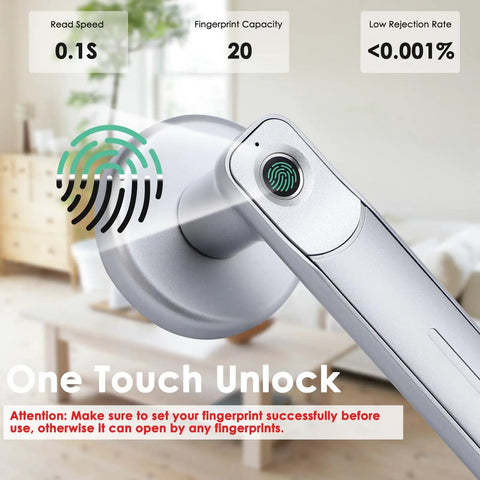 Biometric Fingerprint Door Lock With Quick 0.3 Second Unlock Silver Finish shown on a door with fingerprint icon