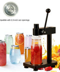 Black Manual Height Adjustable Can Sealer Machine With Ten Standard Aluminum Cans And Heavy Duty Sealing Cups for home brewing.