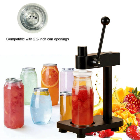 Black Manual Height Adjustable Can Sealer Machine With Ten Standard Aluminum Cans And Heavy Duty Sealing Cups for home brewing.