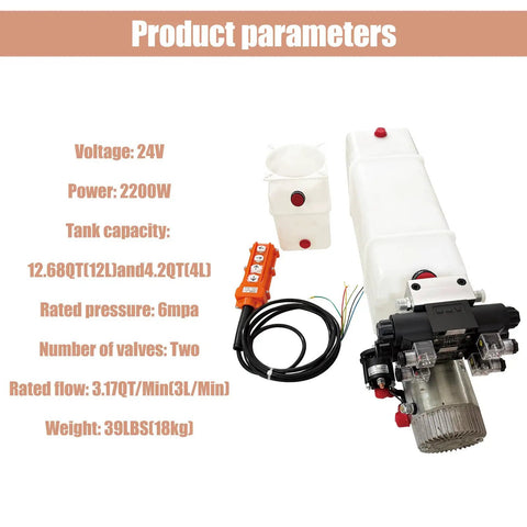Dinenovate 24V Double Acting Hydraulic Power Unit 2200W Mini Pack showing components including control valve and tanks.