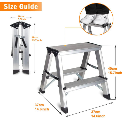 Two Step Folding Stool For Home And Garage, Lightweight Aluminum Two Step Ladder Supports Up To 330 Lbs, Non Slip Feet, size guide