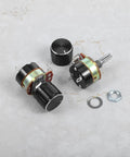 Two Pack 10K Ohm Linear Taper Rotary Potentiometers Dimmer Switches With Metal Knobs on gray background