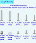 Top Shelf Three Zero Four Stainless Steel SixThirtyTwo Unc Phillips Pan Head Screw Hex Nut And Flat Washer Assortment Kit showing sizes and quantities.