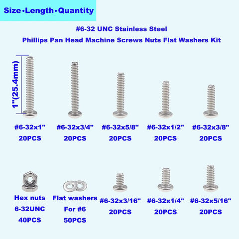 Top Shelf Three Zero Four Stainless Steel SixThirtyTwo Unc Phillips Pan Head Screw Hex Nut And Flat Washer Assortment Kit showing sizes and quantities.