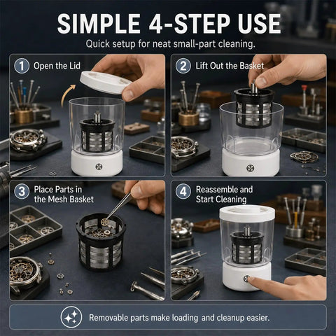 Premium Watch Cleaning Machine And Parts Dryer With 360 Degree Ultrasonic Tech showing simple 4-step cleaning process for tiny gears.