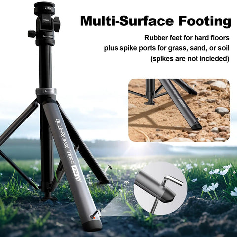 Auto Open 83.4 Inch Light Stand With Quick Release Ball Head for multi-surface footing with rubber feet and spike ports.