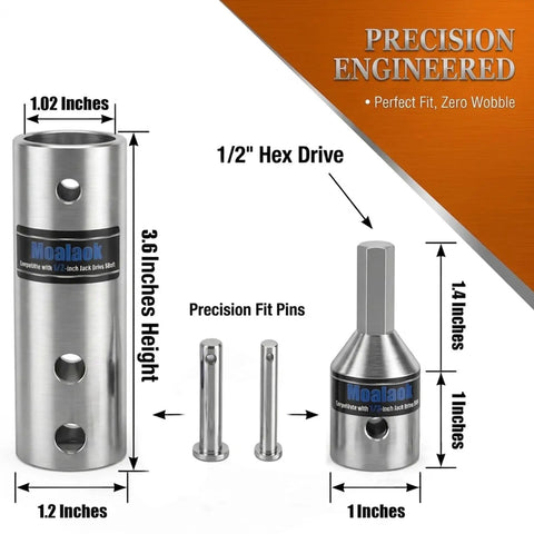Heavy Duty Two In One Trailer Jack Drill Adapter For One Inch And Half Inch Drive Shafts Straight Up stainless steel precision engineered parts.