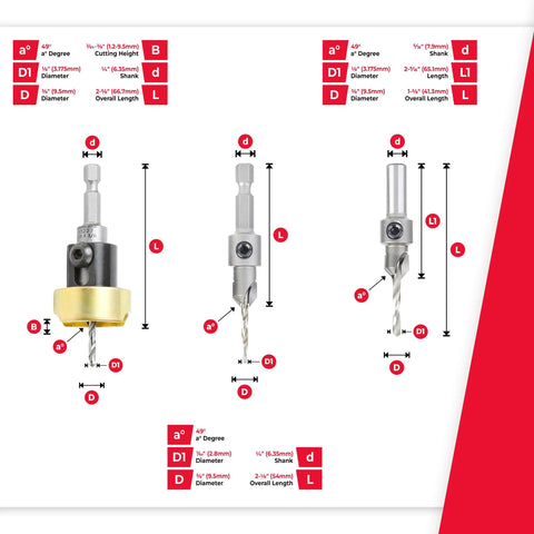 Carbide Tipped Countersink Drill Bit With Ball Bearing Set AMS 621 3 Piece Front View for Wood Plastic Non Ferrous Materials
