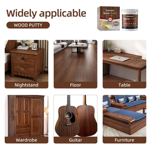 32oz Walnut Wood Filler Putty Repair Kit For Paintable Furniture Fix Up Dents, Cracks, Holes, And Defects multiple uses displayed