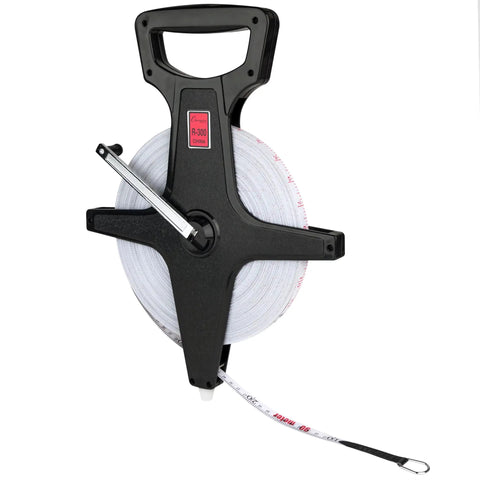 Open Reel Measuring Tape With Hand Crank And Metal Spike For Track And Field Use, Dual Sided Feet And Meters, 300 Feet Or 90 Meters