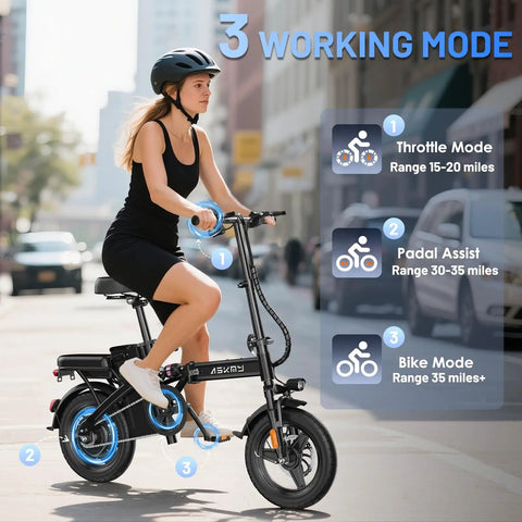 Woman riding Foldable Electric Bike For Adults And Teens With 740W Peak Motor 48V 10Ah Removable Battery 20 MPH Top Speed