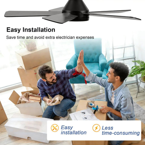 Two men high-five during easy installation of Ceiling Fans With Lights 42 Inch Low Profile Flush Mount With Remote Control in room.