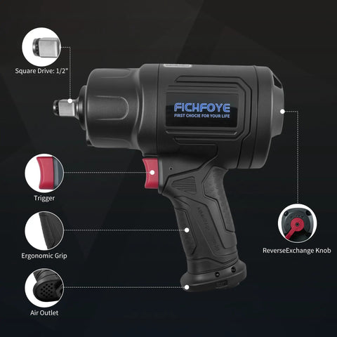 Rock Solid Half Inch Air Impact Wrench Delivers 1620 Ft Lb Torque And 8500 Rpm Spin for heavy duty jobs with ergonomic grip and trigger.