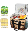 Open Workhorse Insulated Lunch Bag With Shoulder Strap 15L showing drinks, fruits, and mesh side pockets.