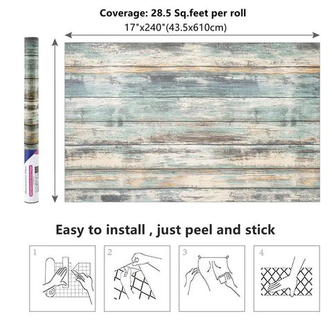 Blue Rustic Wood Peel And Stick Wallpaper 17 Inches Wide By 240 Inches Long Self Adhesive Removable Vinyl Wood Plank For Walls And Furniture Easy To Clean Vintage Look Cover shown unrolled and rolled with installation instructions.