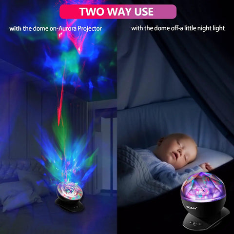 Image showing Aurora Borealis Light Projector With Remote projecting lights in a room and as a night light next to sleeping baby.