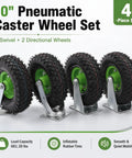 Heavy Duty 10 Inch Pneumatic Caster Set With Two Swivel And Two Rigid Black Rubber Wheels, 4-piece set with rubber tires and steel mounts.