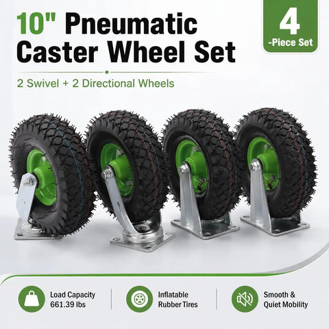 Heavy Duty 10 Inch Pneumatic Caster Set With Two Swivel And Two Rigid Black Rubber Wheels, 4-piece set with rubber tires and steel mounts.