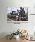 Steam Locomotive Train Canvas Wall Art 12 By 18 Inches hanging above a table with decor for living rooms and bedrooms.