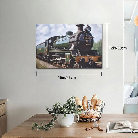 Steam Locomotive Train Canvas Wall Art 12 By 18 Inches hanging above a table with decor for living rooms and bedrooms.