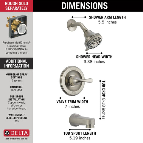Five Setting Bathtub And Shower Faucet Set In Brushed Nickel Finish With Shower Head And Handle, Stainless Valve Trim Kit T13220-SSPD Dimensions
