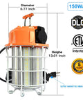 Heavy Duty LED Temporary Work Light 150W 22500 Lumens Hanging Work Light For Construction Workshop Mine Job Site Warehouse IP65 Waterproof DLC ETL Listed, featuring dimensions and model details.