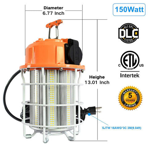 Heavy Duty LED Temporary Work Light 150W 22500 Lumens Hanging Work Light For Construction Workshop Mine Job Site Warehouse IP65 Waterproof DLC ETL Listed, featuring dimensions and model details.
