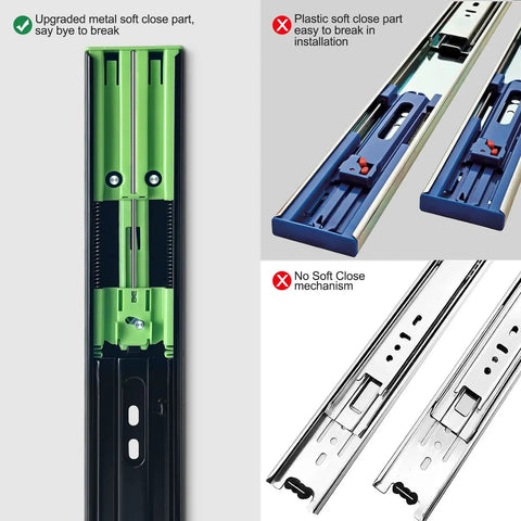 14 Inch Soft Close Drawer Slides Set 6 Pairs Ball Bearing Full Extension Side Mount Heavy Duty 100 LB Capacity Black Cabinet Drawer Slides With Quiet Close Action, metal damper detail
