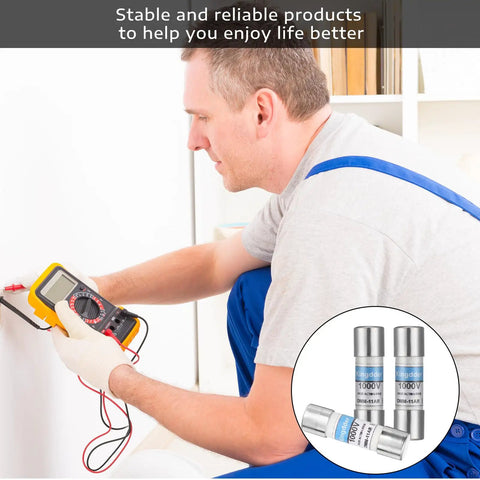 Technician using digital multimeter with Five Pack 11A 1000V Fast Acting DMM Fuse 10x38mm Replacement For Digital Multimeters inset