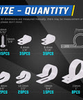 White Nylon R Type Cable Clip Wire Clamp Kit 135 Pieces In Six Sizes With Screws for Cable Management, Sizes Displayed