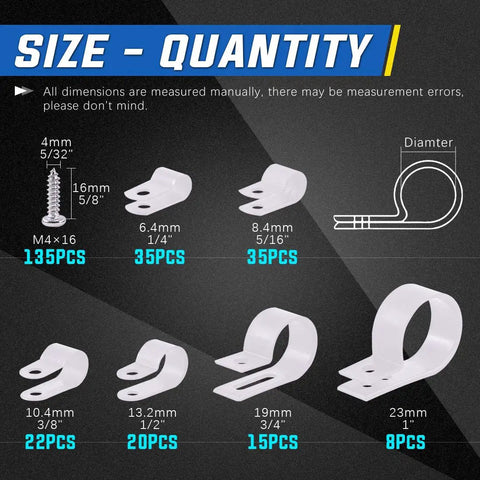 White Nylon R Type Cable Clip Wire Clamp Kit 135 Pieces In Six Sizes With Screws for Cable Management, Sizes Displayed