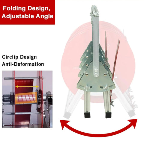 Rock Solid Stainless Steel Cable Reel Holder And Heavy Duty Wire Spool Rack Dispenser showing folding design and adjustable angle.