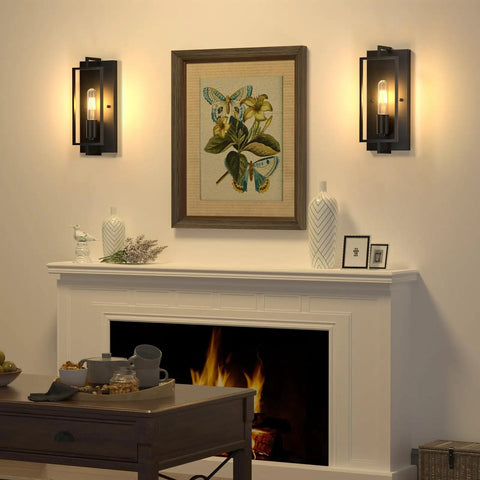 Industrial Black Wall Sconces Set Of 2, Vintage Farmhouse Style Metal Light Fixtures For Indoor Use above fireplace