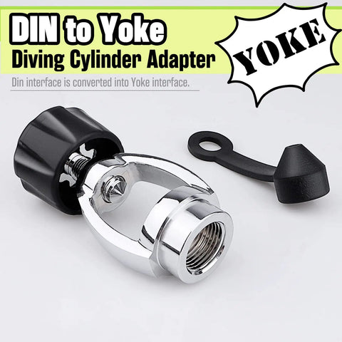 250 Bar 3500 PSI Chrome Plated Brass DIN To Yoke Regulator First Stage Adapter With Dust Cap showing parts and details.