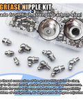 60 Piece Metric Grease Fittings Kit With M6 M8 M10 And One Quarter Inch One Eighth Inch Straight And Angled Zerk Adapters