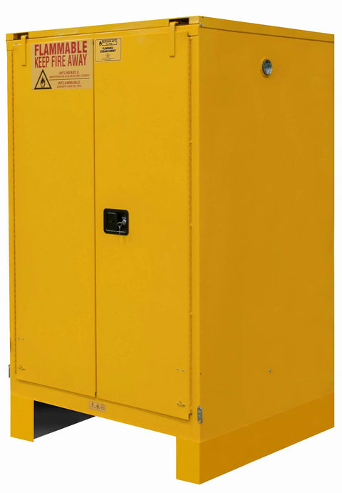 Hella Secure 60 Gallon Flammable Safety Cabinet With Double Wall Steel And Self Closing Doors, yellow cabinet with secure lock.