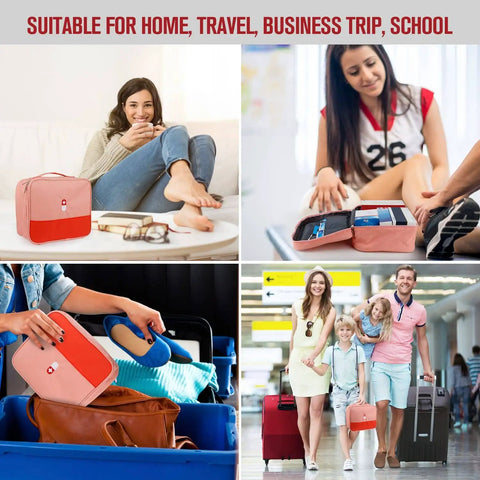 Travel Ready First Aid Bag For Outdoor Adventures Empty Medical Supplies Organizer Kit in pink, home and travel use.
