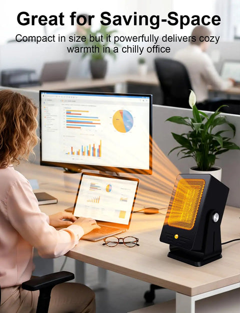 Indoor Space Heater Portable PTC Desktop Heater With 2 Second Fast Heat in office setting, warming desk area, compact size
