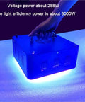 Top Shelf 3000W Led Uv Gel Curing Lamp With Cold Wind Fan 365Nm Dual Cure Station seen from above with a hand holding it.