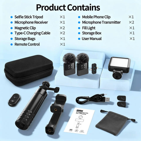 Vlogging Kit for iPhone and Android, 31 Inch Selfie Stick Tripod With LED Light, Microphone, Remote, Carry Case set on display