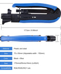 Coaxial Compression Tool Kit Pro Grade F Type Crimper For RG6 RG59 RG11 Cables Includes Coaxial Cable Stripper And 20 F Compression Connectors Built To Last And Easy To Use In Tight Spots For Quick Coax Upgrades And Installations, blue black tool side view dimensions labeled