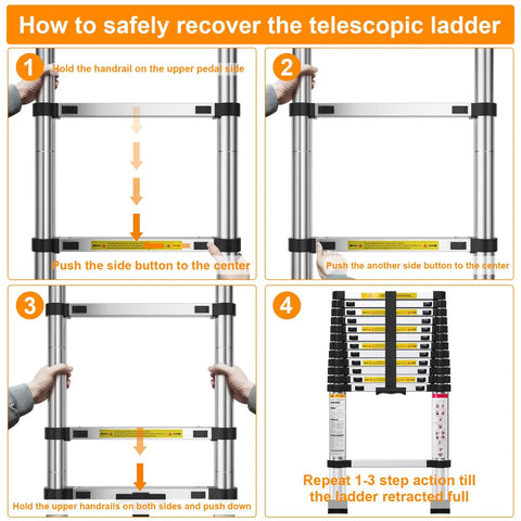 Instructions for collapsing a 12.5 Foot Telescoping Aluminum Ladder for Home DIY and Outdoor Use, shown in four safety steps.