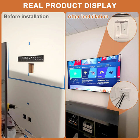 Before and after installation of In-Wall Cable Management Kit For TV Mounts, Hidden Recessed Outlet Box, 9Ft Power Cord, tidy cables.