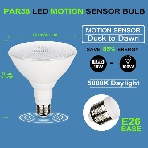 Product image of Radar Motion Sensor Outdoor Flood Light Bulbs PAR38 LED Dusk to Dawn Security Bulbs 15W 100W Equivalent 5000K Daylight for Porch Garage Driveway 360 Degree Coverage Weatherproof No Brainer Install 2 Pack, E26 base