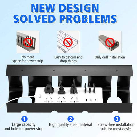 No Drill Desk Cable Tray Set, 2 Pack 15.7 Inch Steel Wire And Cord Organizer, features solving design problems