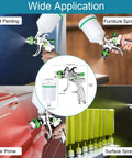 Hvlp Gravity Feed Paint Sprayer Gun Featuring 1.4mm Tip Plus Replaceable 1.7mm And 2.0mm Nozzles in action for wall painting and furniture spraying.